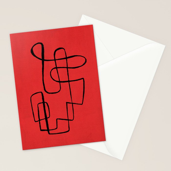 Minimalist Minimal Line Drawing Line Art Maze Red Painting Mid Century Modern Cool Retro Funky Trendy Stationery Card Gallery Image 2