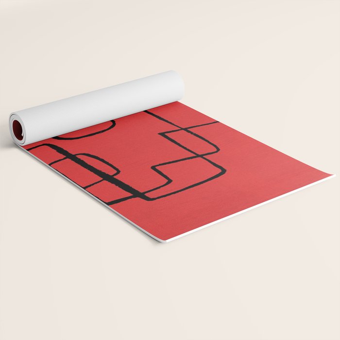 Minimalist Minimal Line Drawing Line Art Maze Red Painting Mid Century Modern Cool Retro Funky Trendy Yoga Mat Gallery Image 2