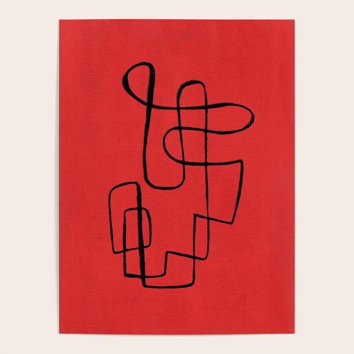 Minimalist Minimal Line Drawing Line Art Maze Red Painting Mid Century Modern Cool Retro Funky Trendy Poster Gallery Image 4