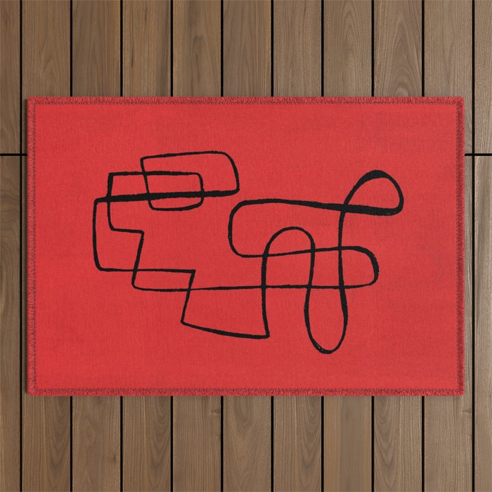 Minimalist Minimal Line Drawing Line Art Maze Red Painting Mid Century Modern Cool Retro Funky Trendy Outdoor Rug Gallery Image 1