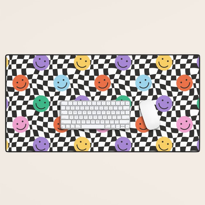 Colorful retro checkered happy face pattern Desk Mat Gallery Image 1