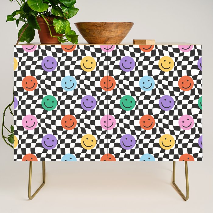 Colorful retro checkered happy face pattern Credenza Gallery Image 1