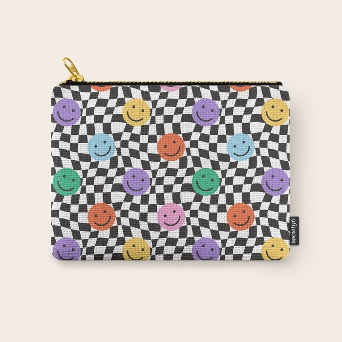 Colorful retro checkered happy face pattern Carry All Pouch Gallery Image 1