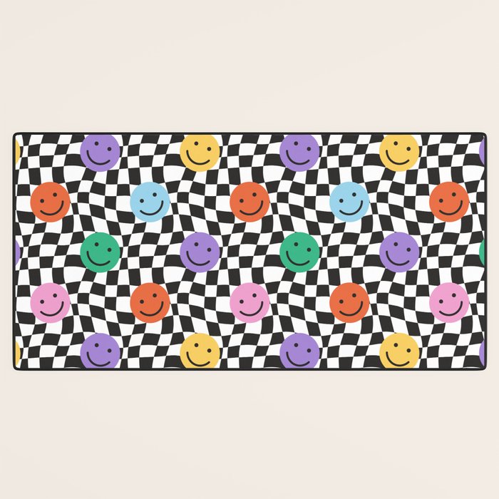 Colorful retro checkered happy face pattern Desk Mat Gallery Image 3