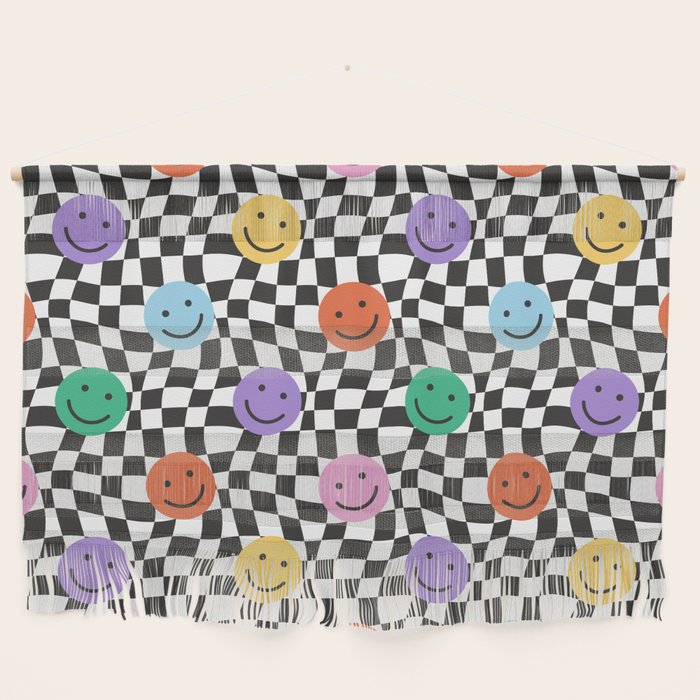 Colorful retro checkered happy face pattern Wall Hanging Gallery Image 1