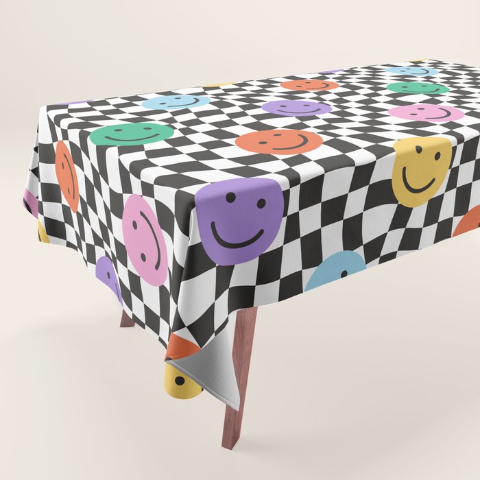 Colorful retro checkered happy face pattern Tablecloth Gallery Image 1