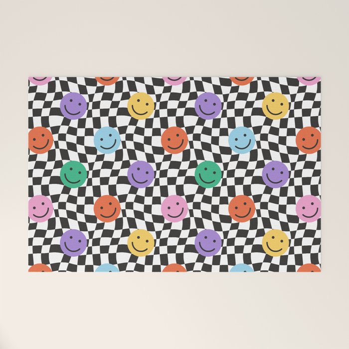 Colorful retro checkered happy face pattern Welcome Mat Gallery Image 1
