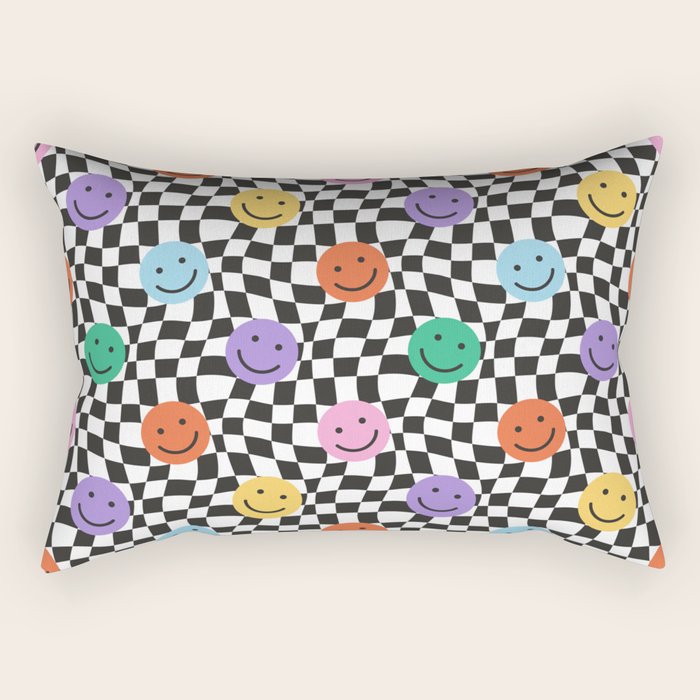 Colorful retro checkered happy face pattern Rectangular Pillow Gallery Image 1