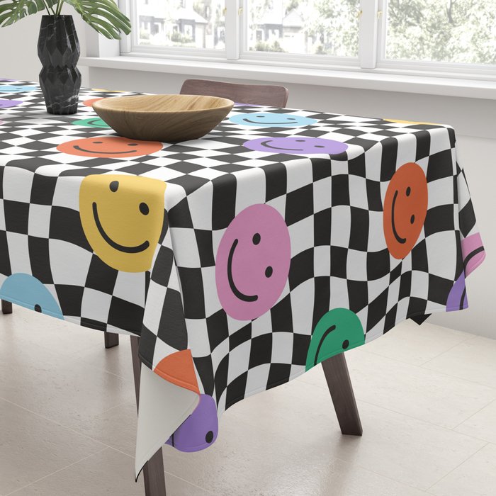 Colorful retro checkered happy face pattern Tablecloth Gallery Image 3