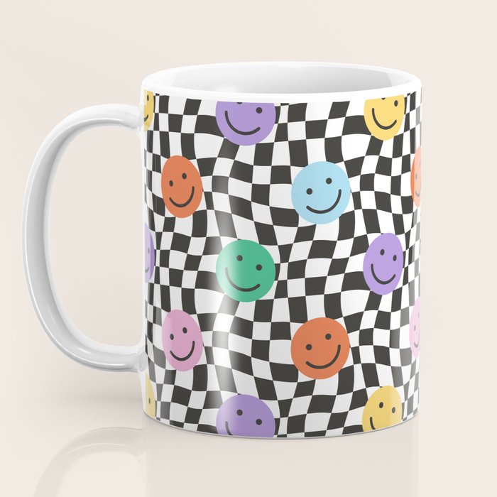 Colorful retro checkered happy face pattern Coffee Mug Gallery Image 3