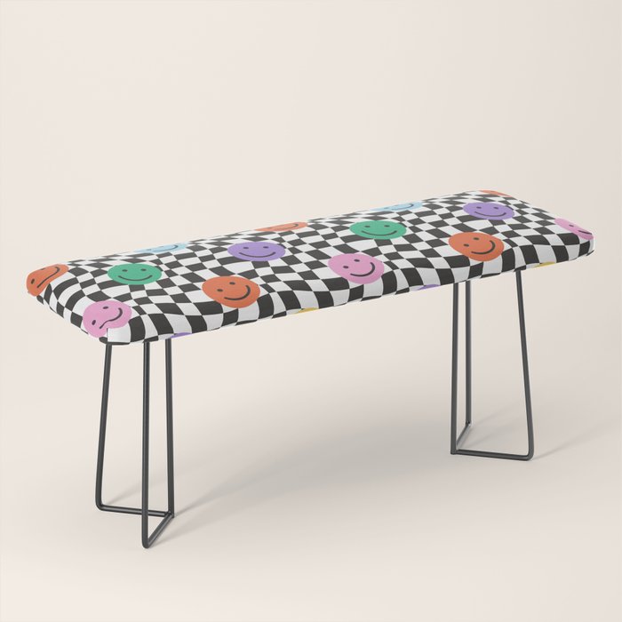 Colorful retro checkered happy face pattern Bench Gallery Image 1