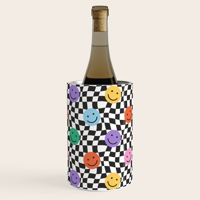 Colorful retro checkered happy face pattern Wine Chiller Gallery Image 3