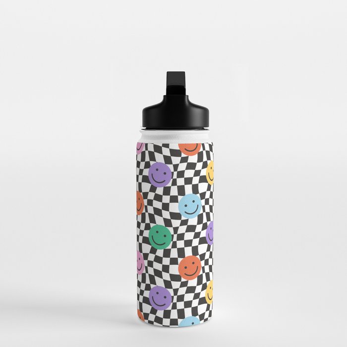 Colorful retro checkered happy face pattern Water Bottle Gallery Image 3