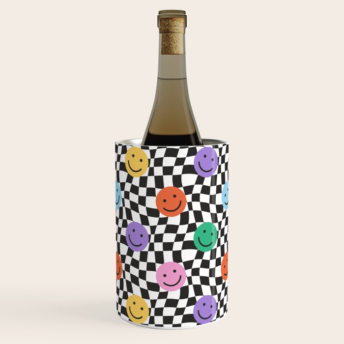 Colorful retro checkered happy face pattern Wine Chiller Gallery Image 1