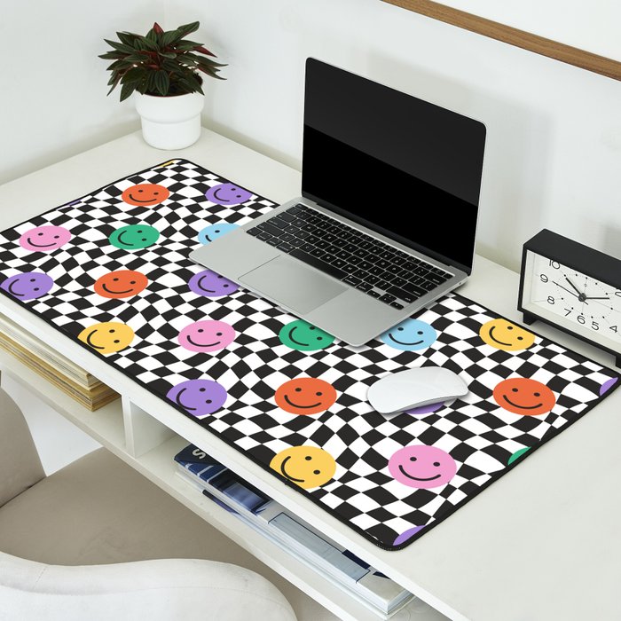 Colorful retro checkered happy face pattern Desk Mat Gallery Image 2