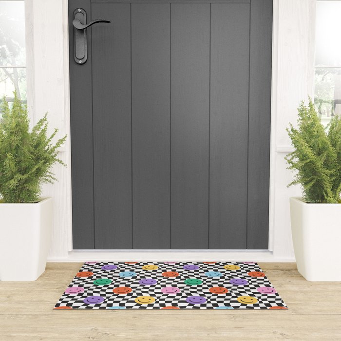 Colorful retro checkered happy face pattern Welcome Mat Gallery Image 3