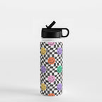 Colorful retro checkered happy face pattern Water Bottle Gallery Image 1