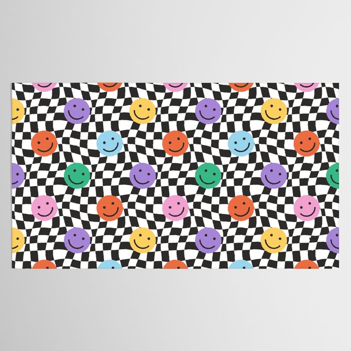 Colorful retro checkered happy face pattern Tablecloth Gallery Image 2