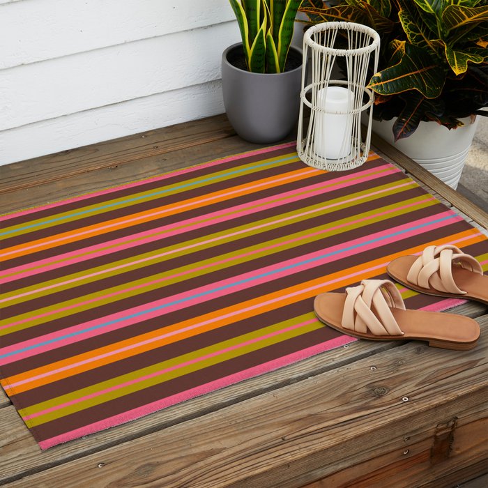 Eclectic Double Stripes Colorful Pattern with Brown Outdoor Rug Gallery Image 2