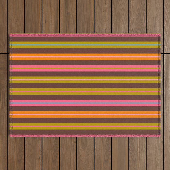 Eclectic Double Stripes Colorful Pattern with Brown Outdoor Rug Gallery Image 1