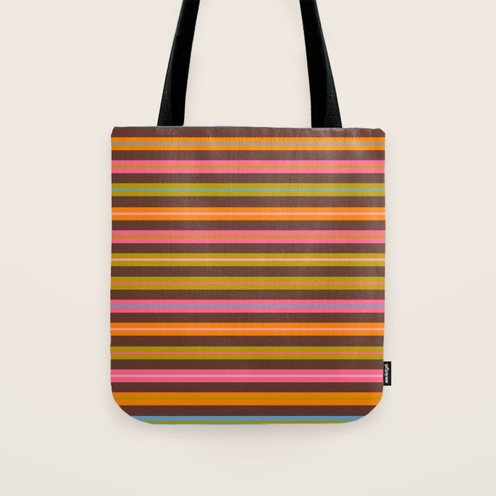 Eclectic Double Stripes Colorful Pattern with Brown Tote Bag Gallery Image 1