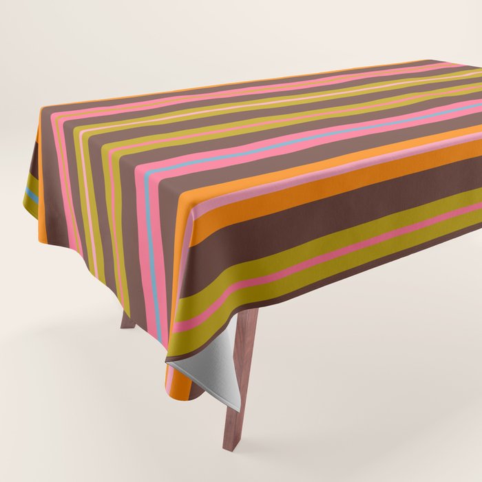 Eclectic Double Stripes Colorful Pattern with Brown Tablecloth Gallery Image 1