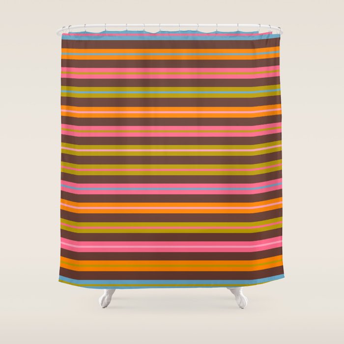 Eclectic Double Stripes Colorful Pattern with Brown Shower Curtain Gallery Image 1