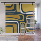 Palm Springs Mid-Century Modern Abstract Pattern in Light and Dark Mustard, Gray, and White on Navy Blue Wall Mural Gallery Image 1