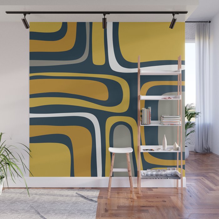 Palm Springs Mid-Century Modern Abstract Pattern in Light and Dark Mustard, Gray, and White on Navy Blue Wall Mural Gallery Image 1