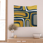 Palm Springs Mid-Century Modern Abstract Pattern in Light and Dark Mustard, Gray, and White on Navy Blue Wall Tapestry Gallery Image 2