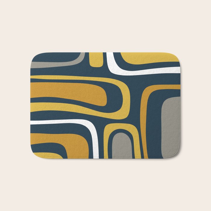Palm Springs Mid-Century Modern Abstract Pattern in Light and Dark Mustard, Gray, and White on Navy Blue Bath Mat Gallery Image 1