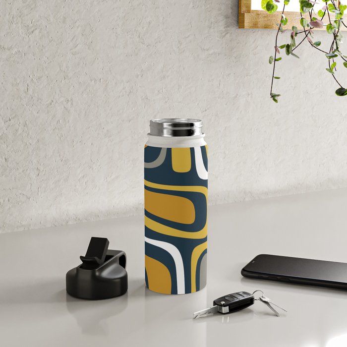 Palm Springs Mid-Century Modern Abstract Pattern in Light and Dark Mustard, Gray, and White on Navy Blue Water Bottle Gallery Image 4