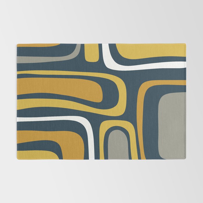 Palm Springs Mid-Century Modern Abstract Pattern in Light and Dark Mustard, Gray, and White on Navy Blue Rug Gallery Image 2