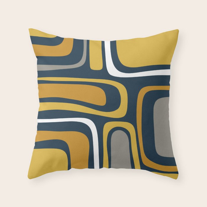 Palm Springs Mid-Century Modern Abstract Pattern in Light and Dark Mustard, Gray, and White on Navy Blue Throw Pillow Gallery Image 6