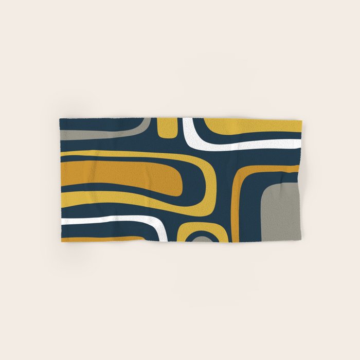 Palm Springs Mid-Century Modern Abstract Pattern in Light and Dark Mustard, Gray, and White on Navy Blue Bath Towel Gallery Image 1