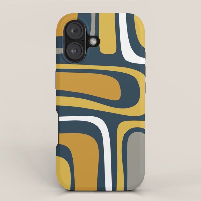 Palm Springs Mid-Century Modern Abstract Pattern in Light and Dark Mustard, Gray, and White on Navy Blue iPhone Case Gallery Image 1