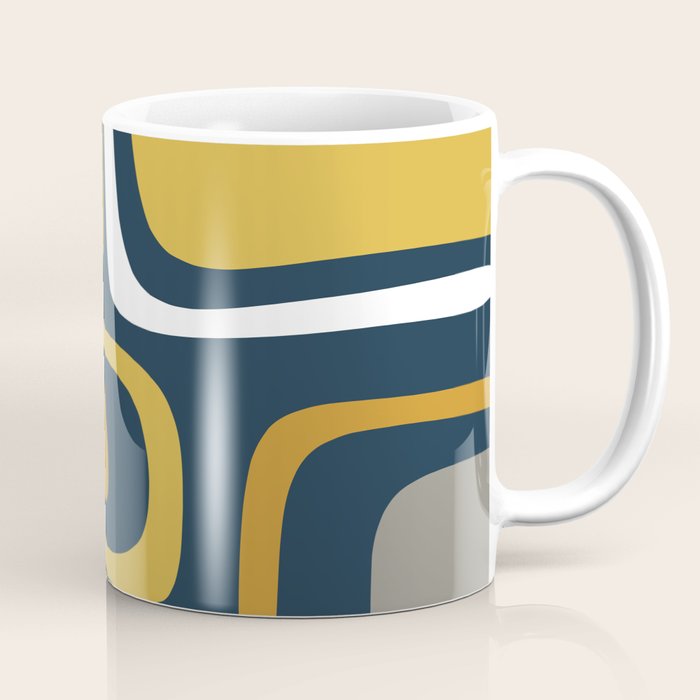 Palm Springs Mid-Century Modern Abstract Pattern in Light and Dark Mustard, Gray, and White on Navy Blue Coffee Mug Gallery Image 1