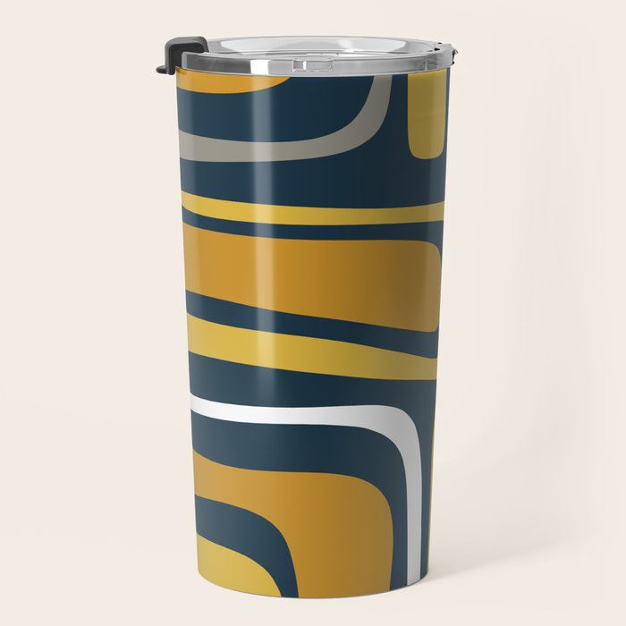 Palm Springs Mid-Century Modern Abstract Pattern in Light and Dark Mustard, Gray, and White on Navy Blue Travel Mug Gallery Image 3