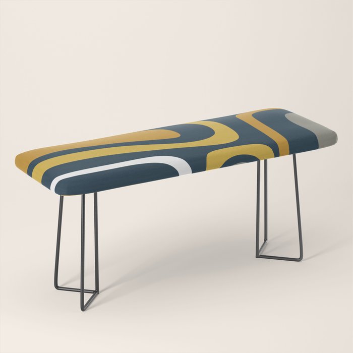 Palm Springs Mid-Century Modern Abstract Pattern in Light and Dark Mustard, Gray, and White on Navy Blue Bench Gallery Image 1