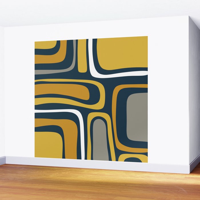 Palm Springs Mid-Century Modern Abstract Pattern in Light and Dark Mustard, Gray, and White on Navy Blue Wall Mural Gallery Image 2