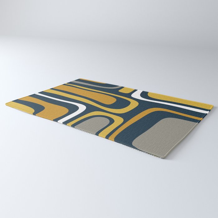 Palm Springs Mid-Century Modern Abstract Pattern in Light and Dark Mustard, Gray, and White on Navy Blue Rug Gallery Image 3