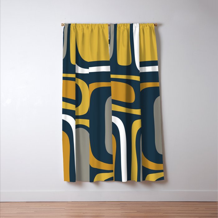 Palm Springs Mid-Century Modern Abstract Pattern in Light and Dark Mustard, Gray, and White on Navy Blue Window Curtain Gallery Image 3