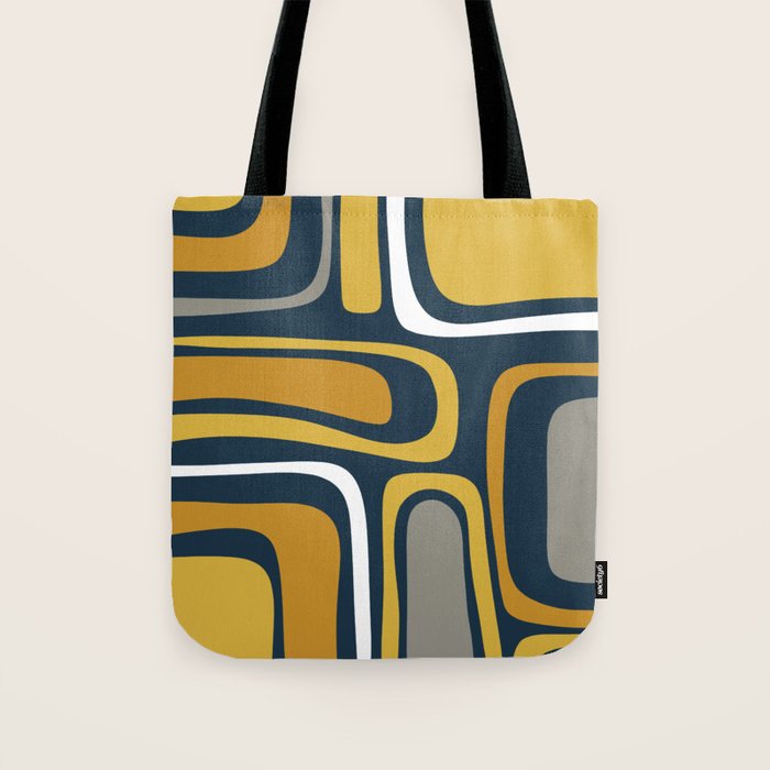 Palm Springs Mid-Century Modern Abstract Pattern in Light and Dark Mustard, Gray, and White on Navy Blue Tote Bag Gallery Image 1