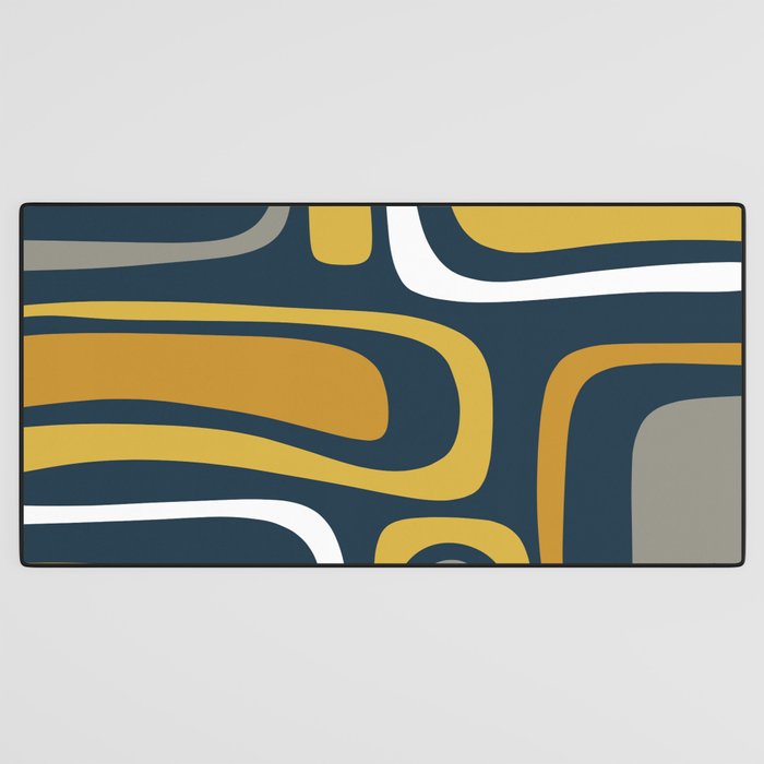 Palm Springs Mid-Century Modern Abstract Pattern in Light and Dark Mustard, Gray, and White on Navy Blue Desk Mat Gallery Image 3
