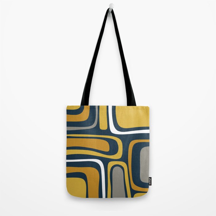 Palm Springs Mid-Century Modern Abstract Pattern in Light and Dark Mustard, Gray, and White on Navy Blue Tote Bag Gallery Image 2