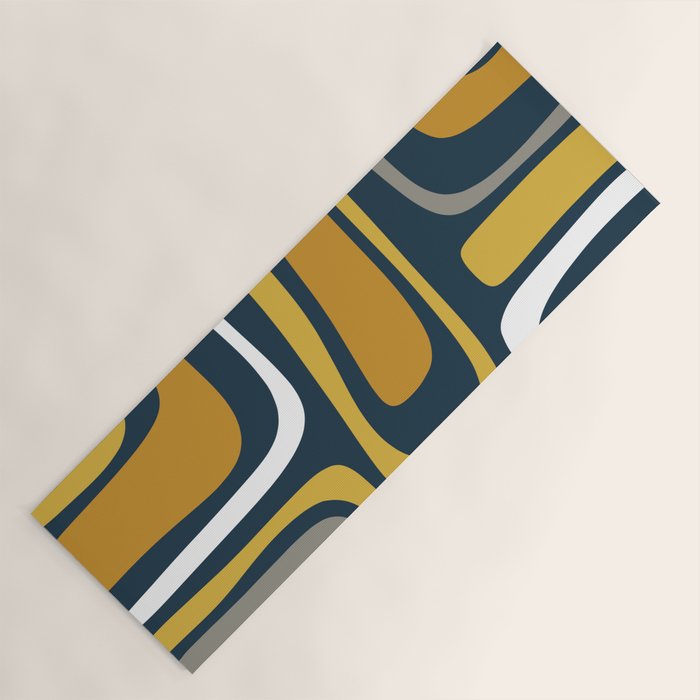 Palm Springs Mid-Century Modern Abstract Pattern in Light and Dark Mustard, Gray, and White on Navy Blue Yoga Mat Gallery Image 1