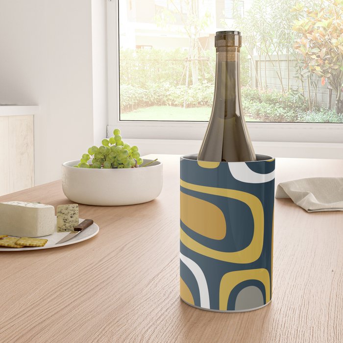 Palm Springs Mid-Century Modern Abstract Pattern in Light and Dark Mustard, Gray, and White on Navy Blue Wine Chiller Gallery Image 4