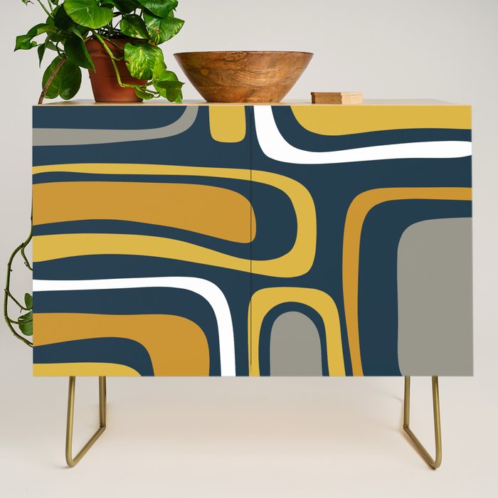 Palm Springs Mid-Century Modern Abstract Pattern in Light and Dark Mustard, Gray, and White on Navy Blue Credenza Gallery Image 1