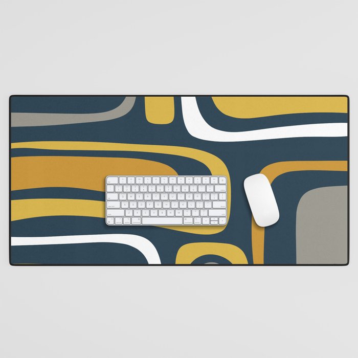 Palm Springs Mid-Century Modern Abstract Pattern in Light and Dark Mustard, Gray, and White on Navy Blue Desk Mat Gallery Image 1