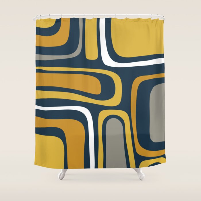 Palm Springs Mid-Century Modern Abstract Pattern in Light and Dark Mustard, Gray, and White on Navy Blue Shower Curtain Gallery Image 1
